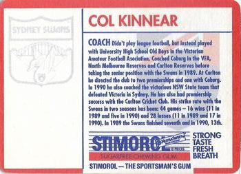 1991 Scanlens Stimorol #143 Col Kinnear Back